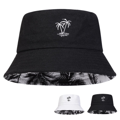 Coconut Tree Embroidery Bucket Hat | Reversible Unisex Fisherman Cap | Outdoor Sun Hat
