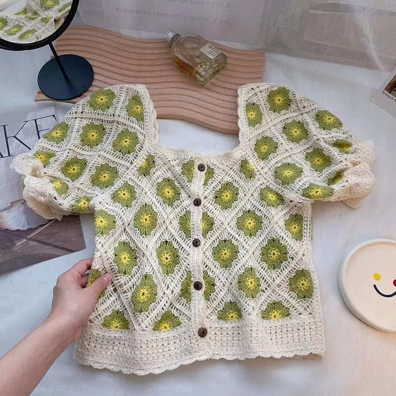 Women's Daisy Embroidered Crochet Crop Top – Puff Sleeve Square Neck Floral Blouse for Summer & Fairycore Aesthetic (One Size)