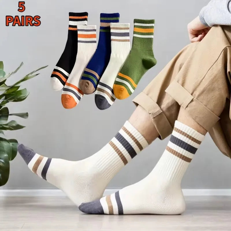 Men's Colorful Striped Socks – 5-Pack Breathable All-Season Sport Socks