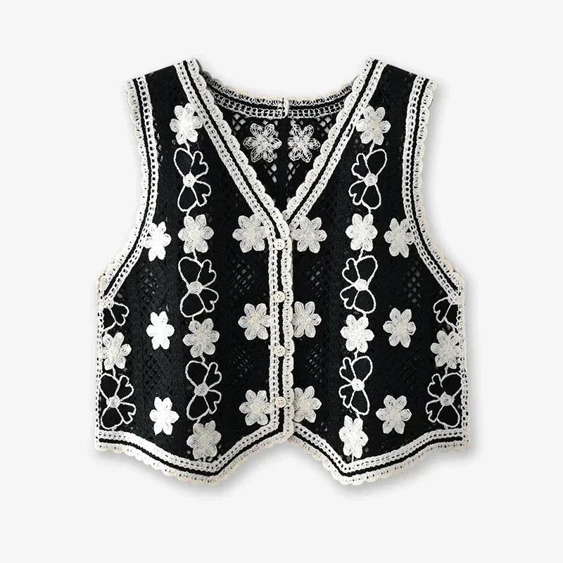 Floral Crochet Vest Top – Sheer Button-Front Sleeveless Jacket