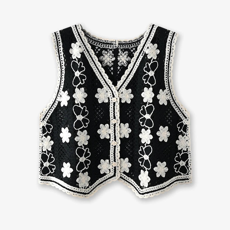 Floral Crochet Vest Top – Sheer Button-Front Sleeveless Jacket