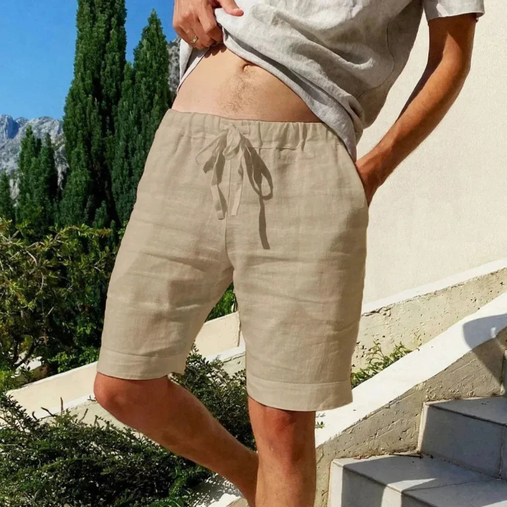 Men's Cotton Linen Beach Shorts | Casual Elastic Waist Summer Shorts