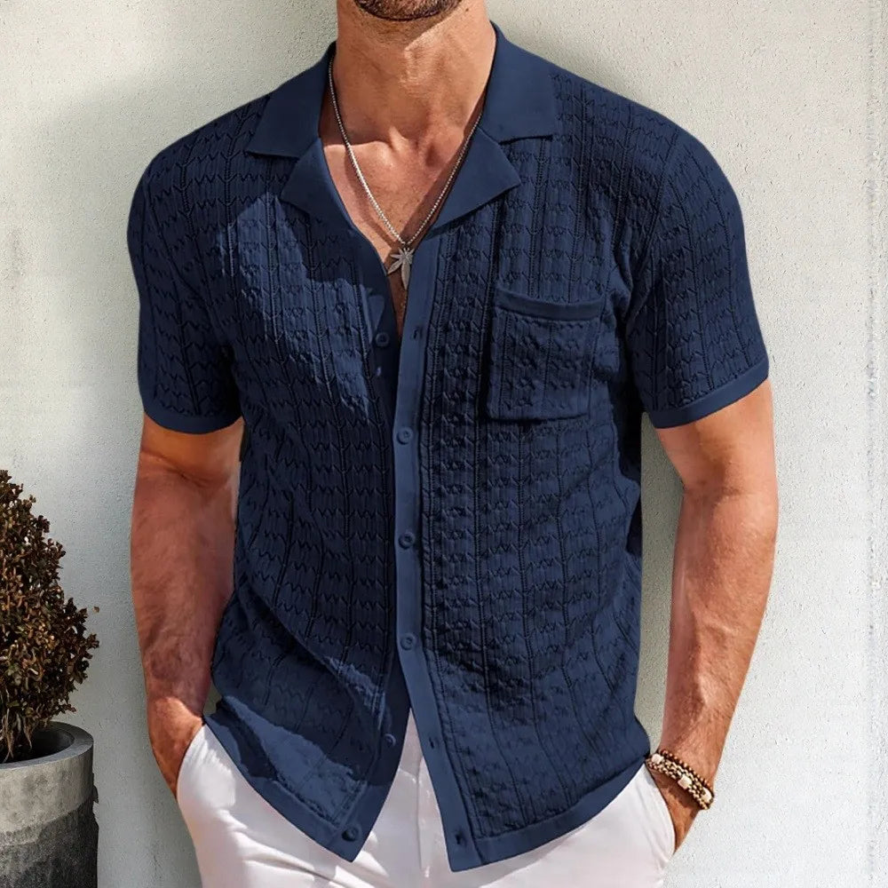 Men's Cuban Collar Knit Polo Shirt – Short Sleeve Striped Viscose Knitwear