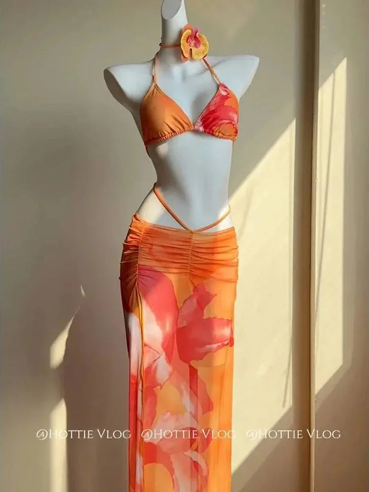 Women's 3-Piece Halter Bikini Set with Maxi Skirt – Lace-Up Backless Print Swimsuit & Slit Cover-Up for Beach (S-L)