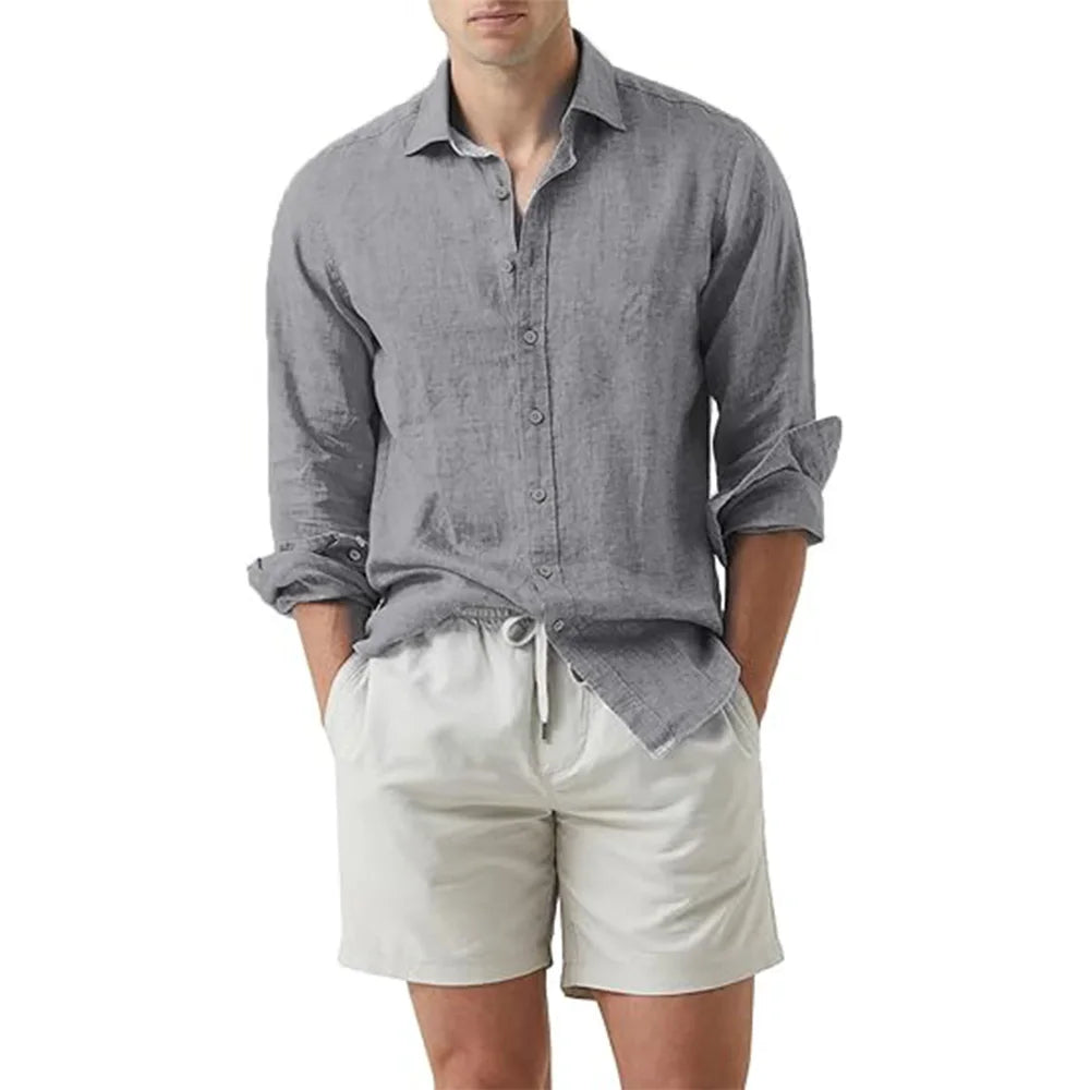 Men's Cotton Linen Long Sleeve Beach Shirt | Slim Fit Cardigan Style Turn-Down Collar