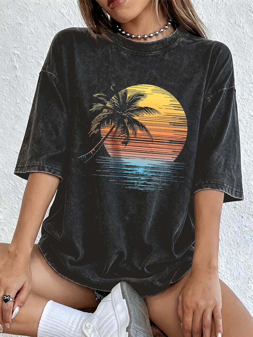 Women's Sunset Coconut Tree Washed Cotton T-Shirt | Oversized Summer Tee | Soft Streetwear Top