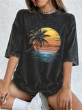 Women's Sunset Coconut Tree Washed Cotton T-Shirt | Oversized Summer Tee | Soft Streetwear Top