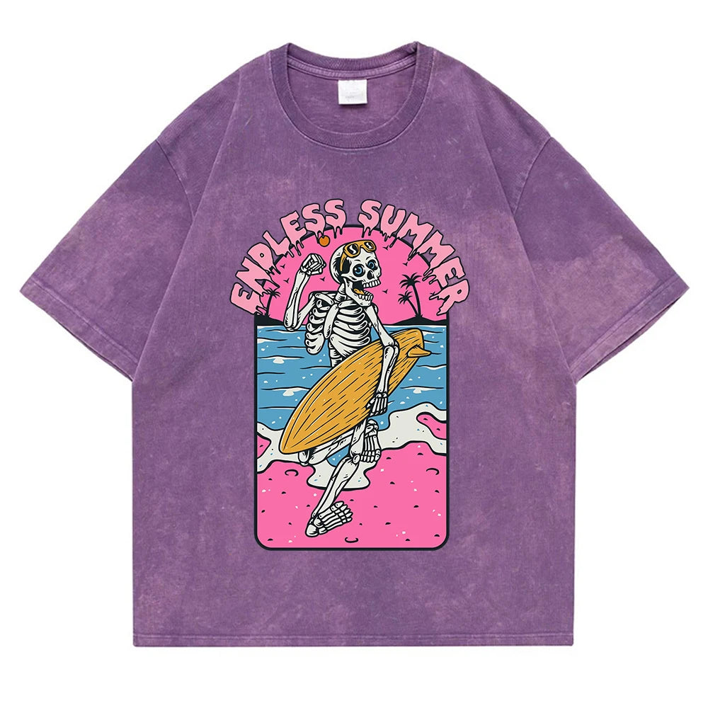 Endless Summer Skeleton Surfing T-Shirt | Washed Retro Graphic Tee | Unisex