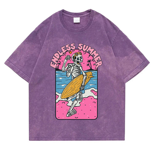 Endless Summer Skeleton Surfing T-Shirt | Washed Retro Graphic Tee | Unisex