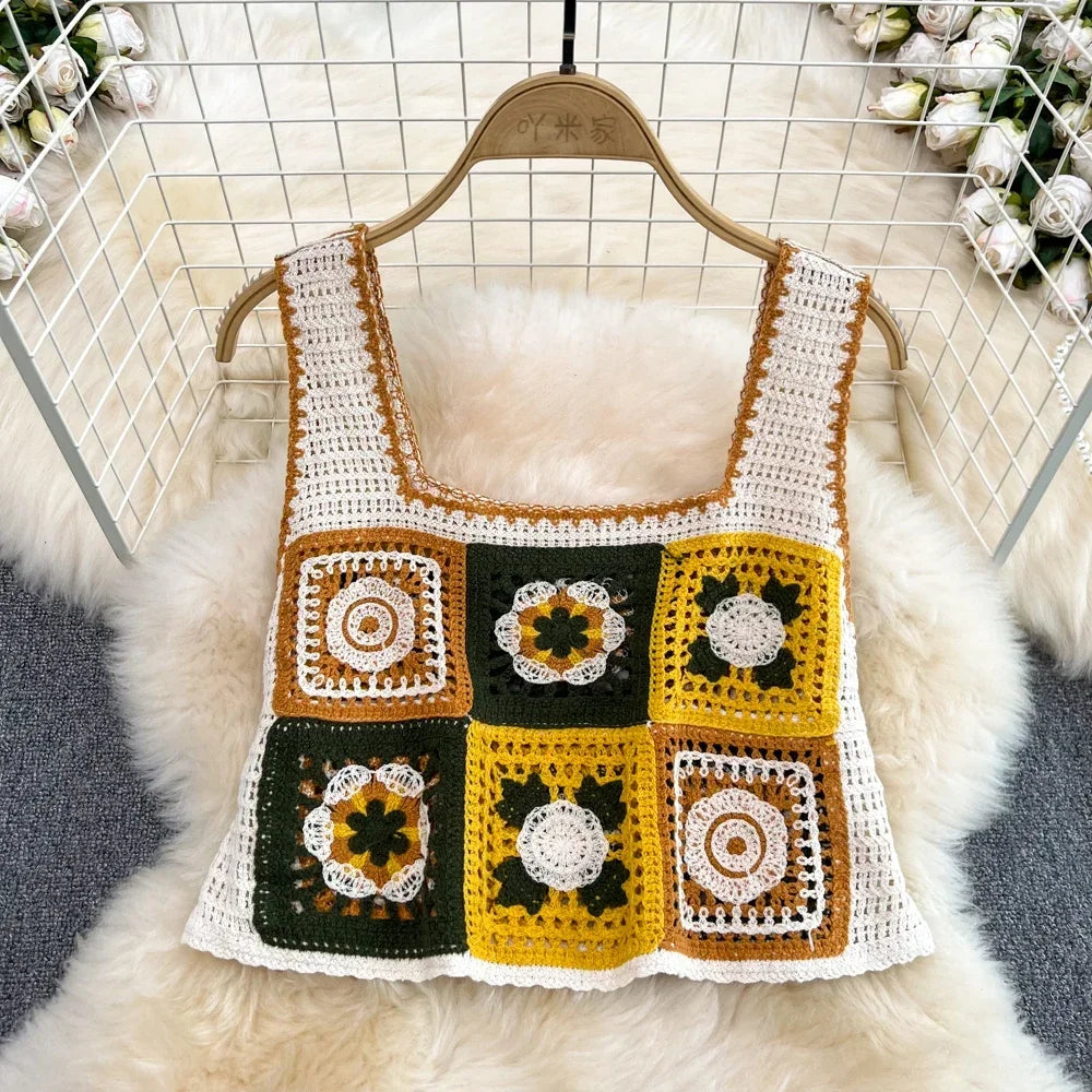 Women's Granny Square Crochet Crop Top – Floral Embroidery Open-Knit Cami for Summer