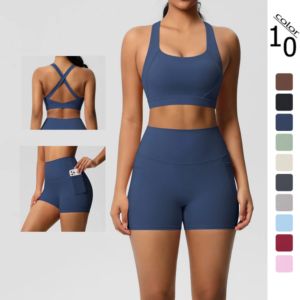 Women's 2-Piece Yoga Set with Pockets | Crossover Bra + High-Stretch Leggings