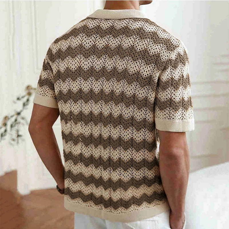 Men's Striped Crochet Knit Cardigan Shirt – Hollow-Out Lapel Button-Up Beach Top