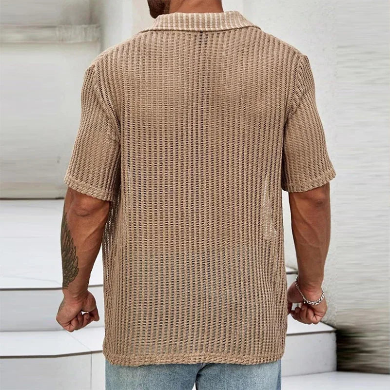 Men's Hollow Knit Beach Shirt – Breathable Short Sleeve Button-Up