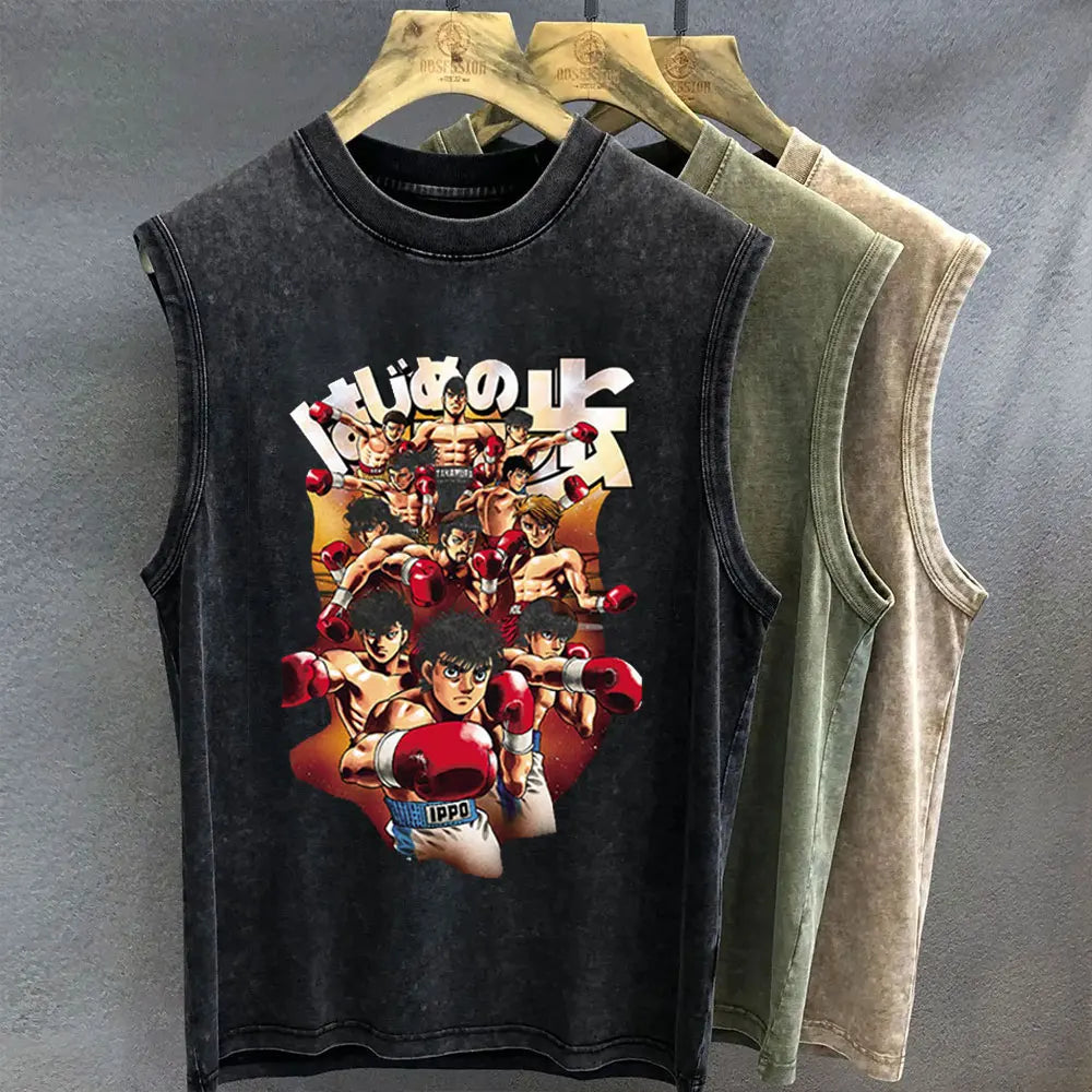 Anime Graphic Tank Top | Hajime No Ippo Vintage Wash Oversized Sleeveless Vest