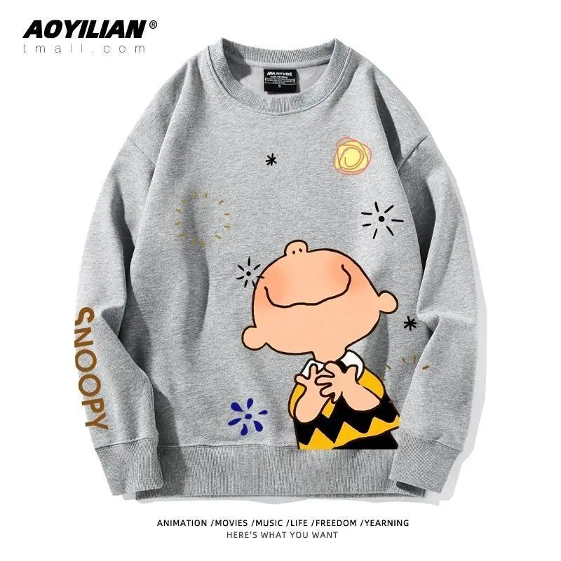 Snoopy Cartoon Fleece-Lined Sweatshirt | Unisex Couples Pullover