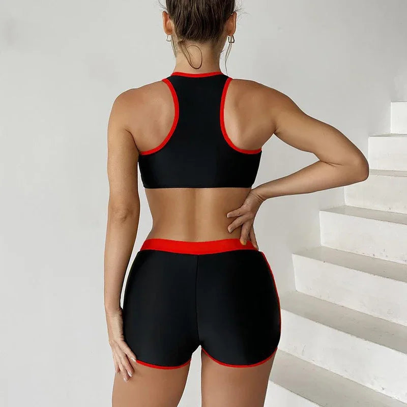 Women's Sporty Zipper Bikini Set – High-Waist Padded Swimsuit in Black & Red