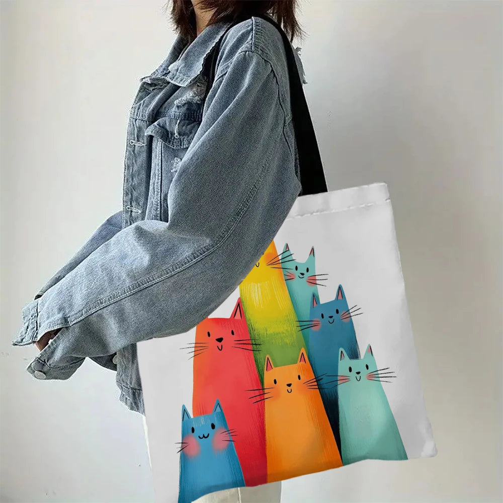 Cat Print Linen Tote Bag – Lightweight Everyday Shoulder & Shopper Bag