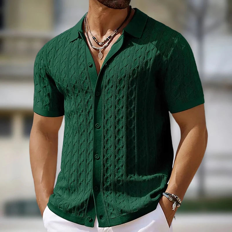 Men's Short-Sleeve Jacquard Knit Polo Shirt – Slim Fit Single-Breasted Viscose Knitwear
