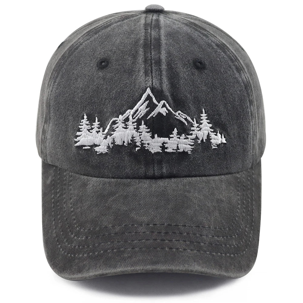 Mountain Trees Embroidered Baseball Cap – Unisex Cotton Dad Hat for Hiking & Outdoors