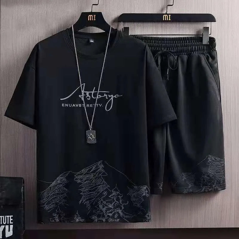 Men's 2-Piece Athletic Set – Printed Ice Silk T-Shirt & Drawstring Jogger Shorts