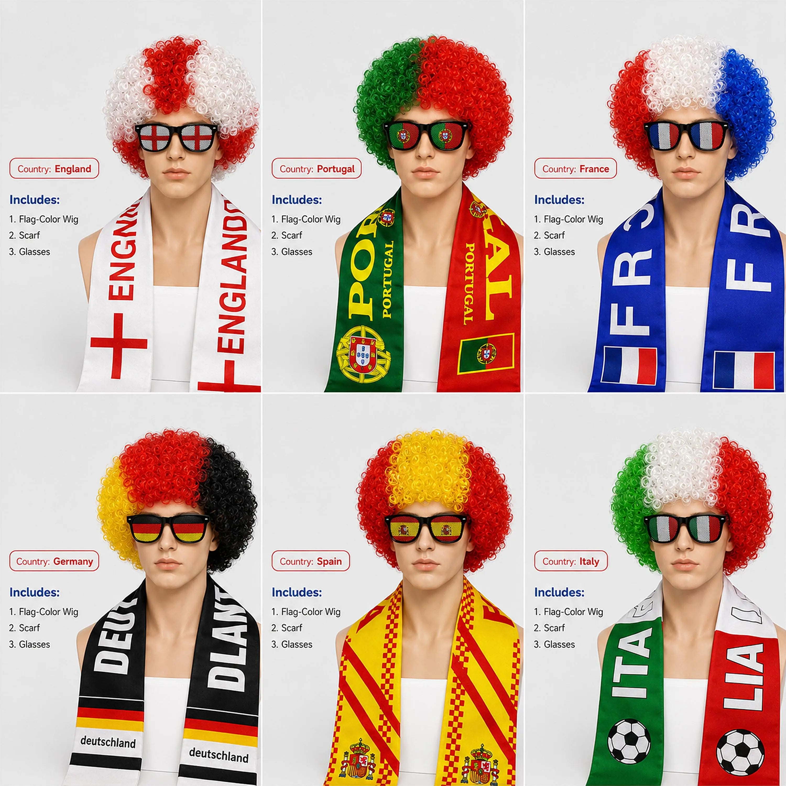 World Cup Fan Wig & Accessories Set | National Team Colors with Scarf & Glasses