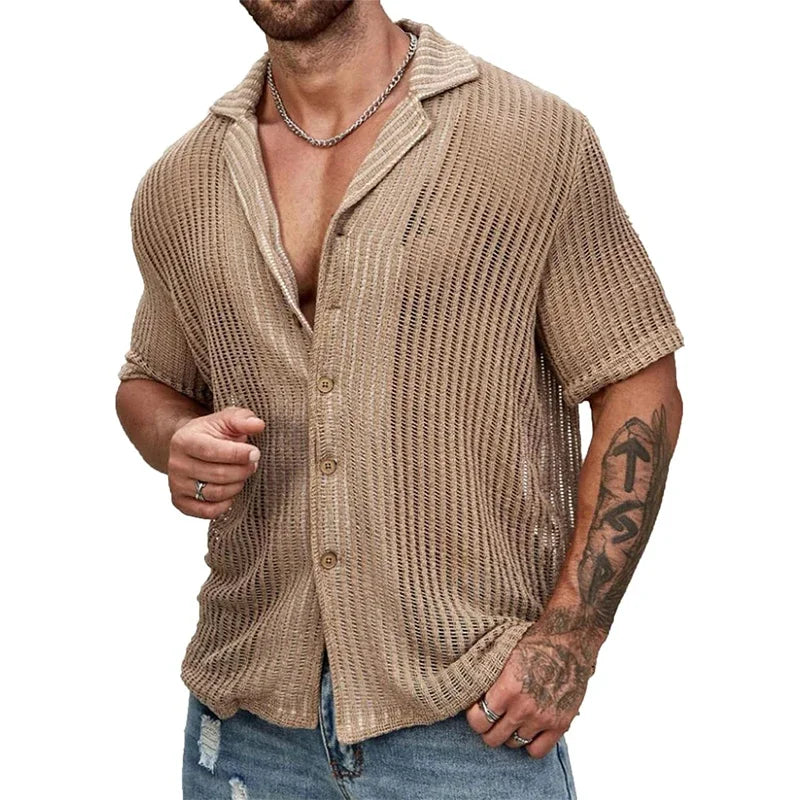 Men's Hollow Knit Beach Shirt – Breathable Short Sleeve Button-Up
