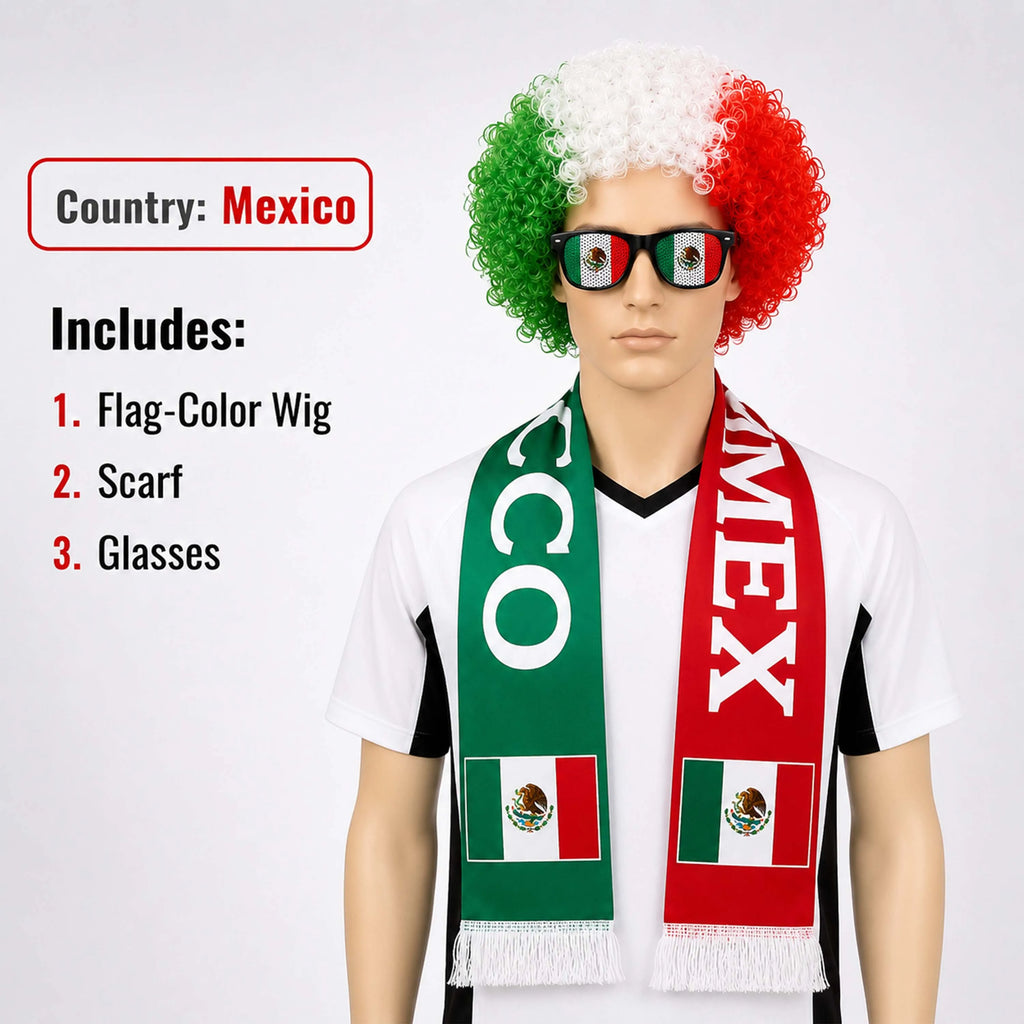 World Cup Fan Wig & Accessories Set | National Team Colors with Scarf & Glasses
