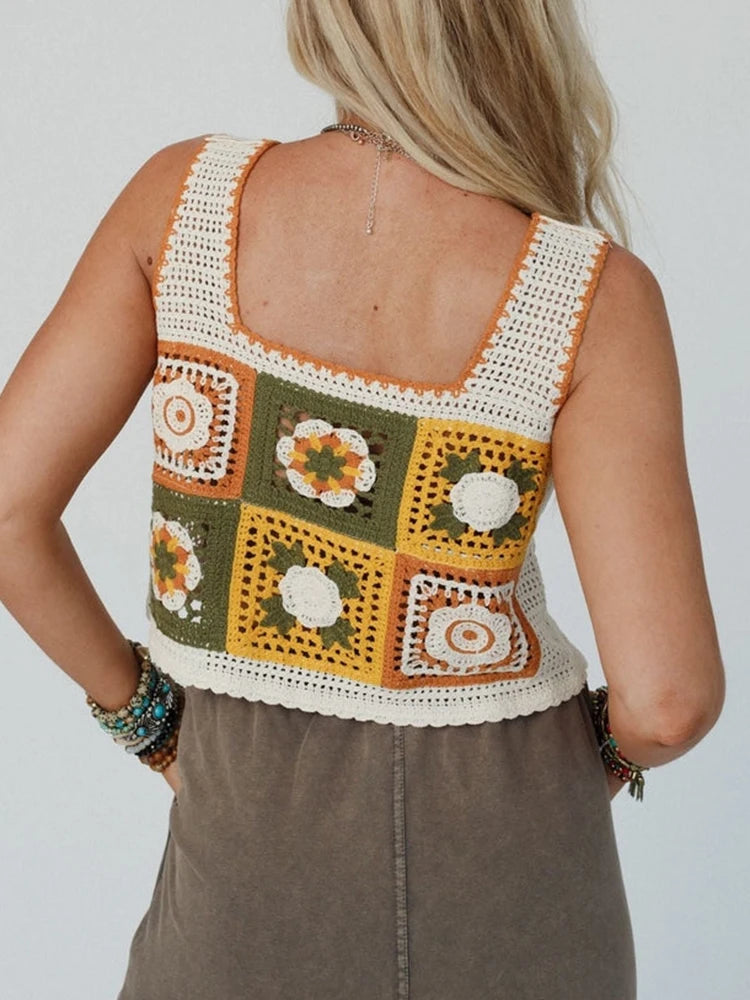 Women's Granny Square Crochet Crop Top – Floral Embroidery Open-Knit Cami for Summer