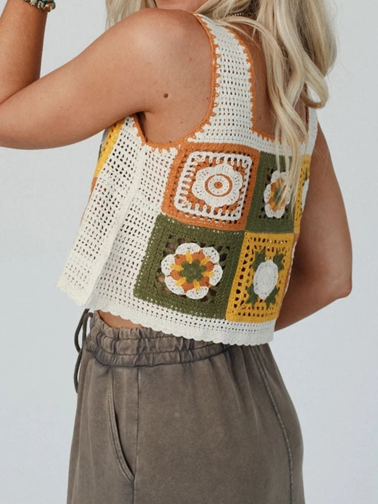 Women's Granny Square Crochet Crop Top – Floral Embroidery Open-Knit Cami for Summer