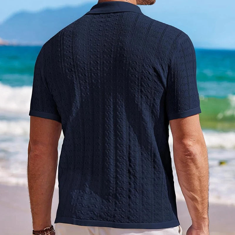 Men's Cuban Collar Knit Polo Shirt – Short Sleeve Striped Viscose Knitwear