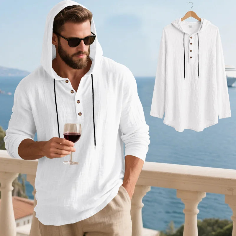 Men's Linen Blend Hooded Long Sleeve Shirt | Breathable Beach Casual Top