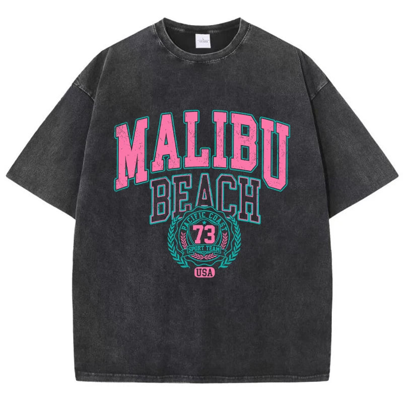 Women's Malibu Beach Washed Oversized T-Shirt – Letter Print 100% Cotton Crewneck Casual Tee (XS-XXL, 17 Colors)