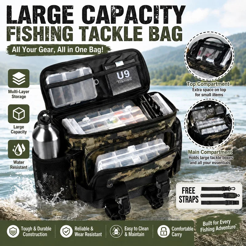 Waterproof Fishing Tackle Shoulder Bag – Large Capacity Crossbody with Rod Holder