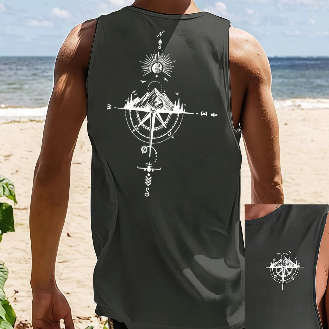 Men's Compass & Mountain Print Tank Top – Loose Fit Breathable Sleeveless Vest for Sports, Travel & Summer (S-XXL)