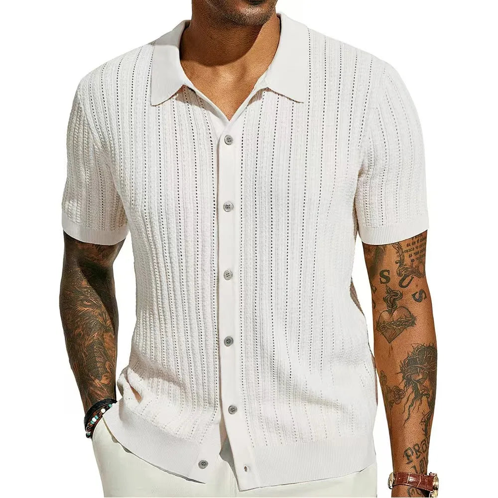 Men's Short-Sleeve Knitted Polo Shirt – Casual Loose Fit with Turn-Down Collar
