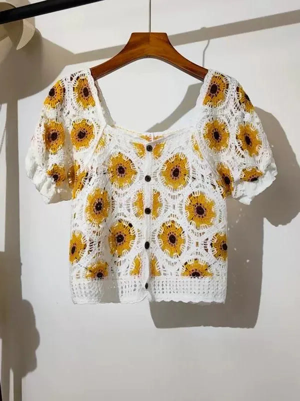 Women's Daisy Embroidered Crochet Crop Top – Puff Sleeve Square Neck Floral Blouse for Summer & Fairycore Aesthetic (One Size)