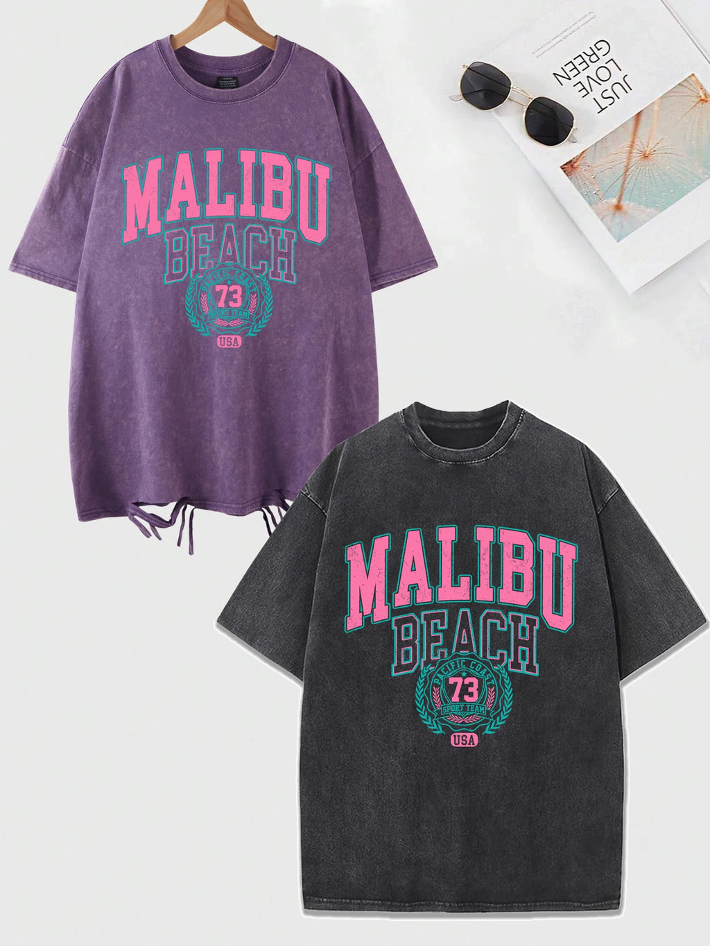 Women's Malibu Beach Washed Oversized T-Shirt – Letter Print 100% Cotton Crewneck Casual Tee (XS-XXL, 17 Colors)