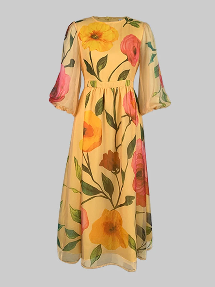 Women's Floral Print Chiffon Bohemian Midi Dress – Elegant Puff Sleeve See-Through Beach & Party Dress (S-XXL)