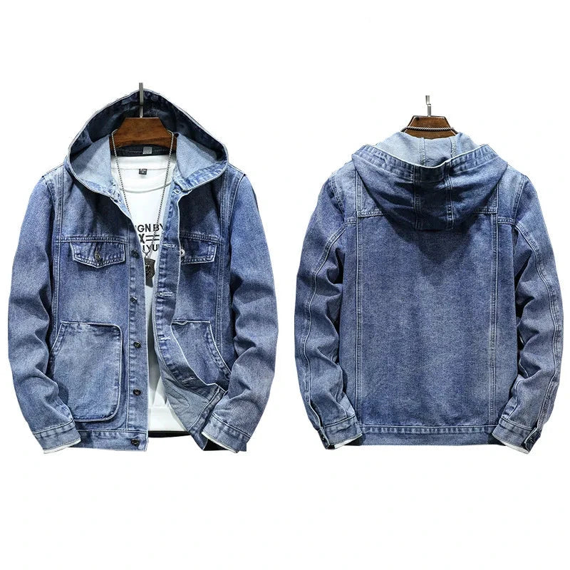 Men's Hooded Denim Jacket – Casual Button-Up Coat with Pockets