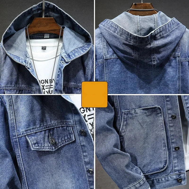 Men's Hooded Denim Jacket – Casual Button-Up Coat with Pockets