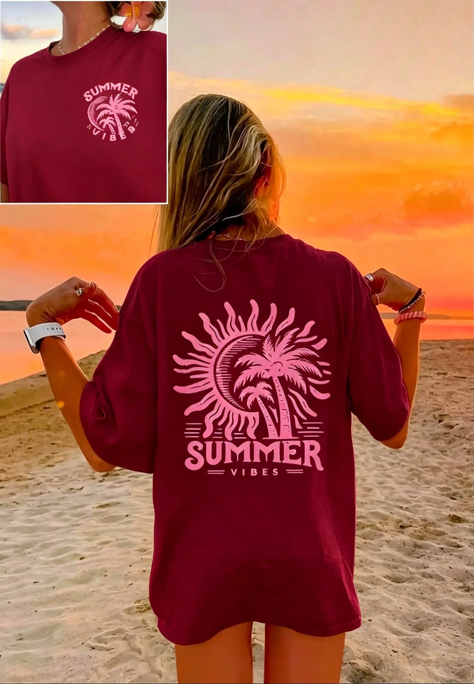 Women's Palm Tree & Sun Print T-Shirt – Casual Beach Vacation Tee
