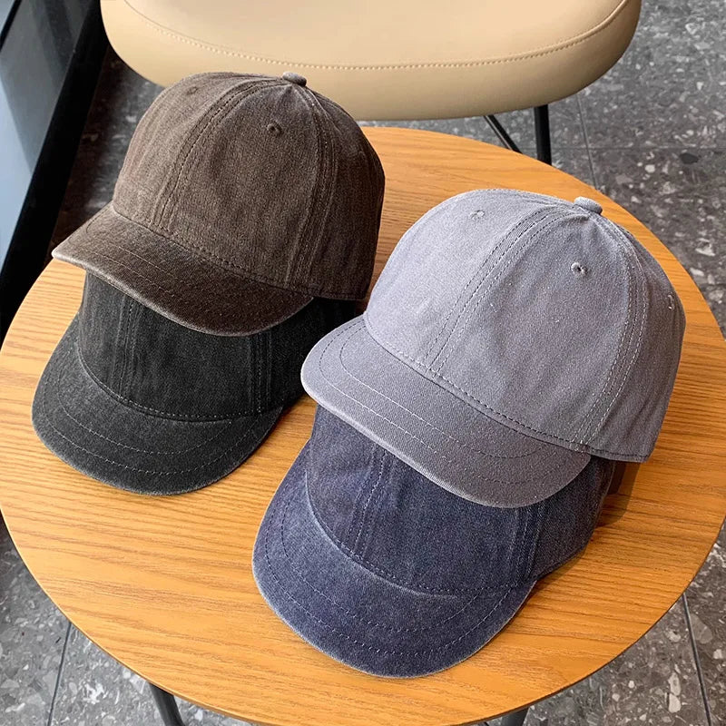 Washed Denim Short Brim Baseball Cap – Unisex Cotton Snapback Visor Hat for Men & Women