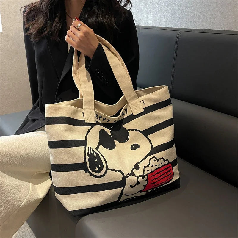 Snoopy Canvas Tote Bag – Large Capacity Zipper Shoulder Bag for School & Daily Use
