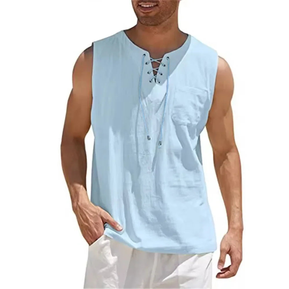 Men's Cotton Linen Sleeveless Vest – Retro V-Neck Lace-Up Tank Top, Loose Fit