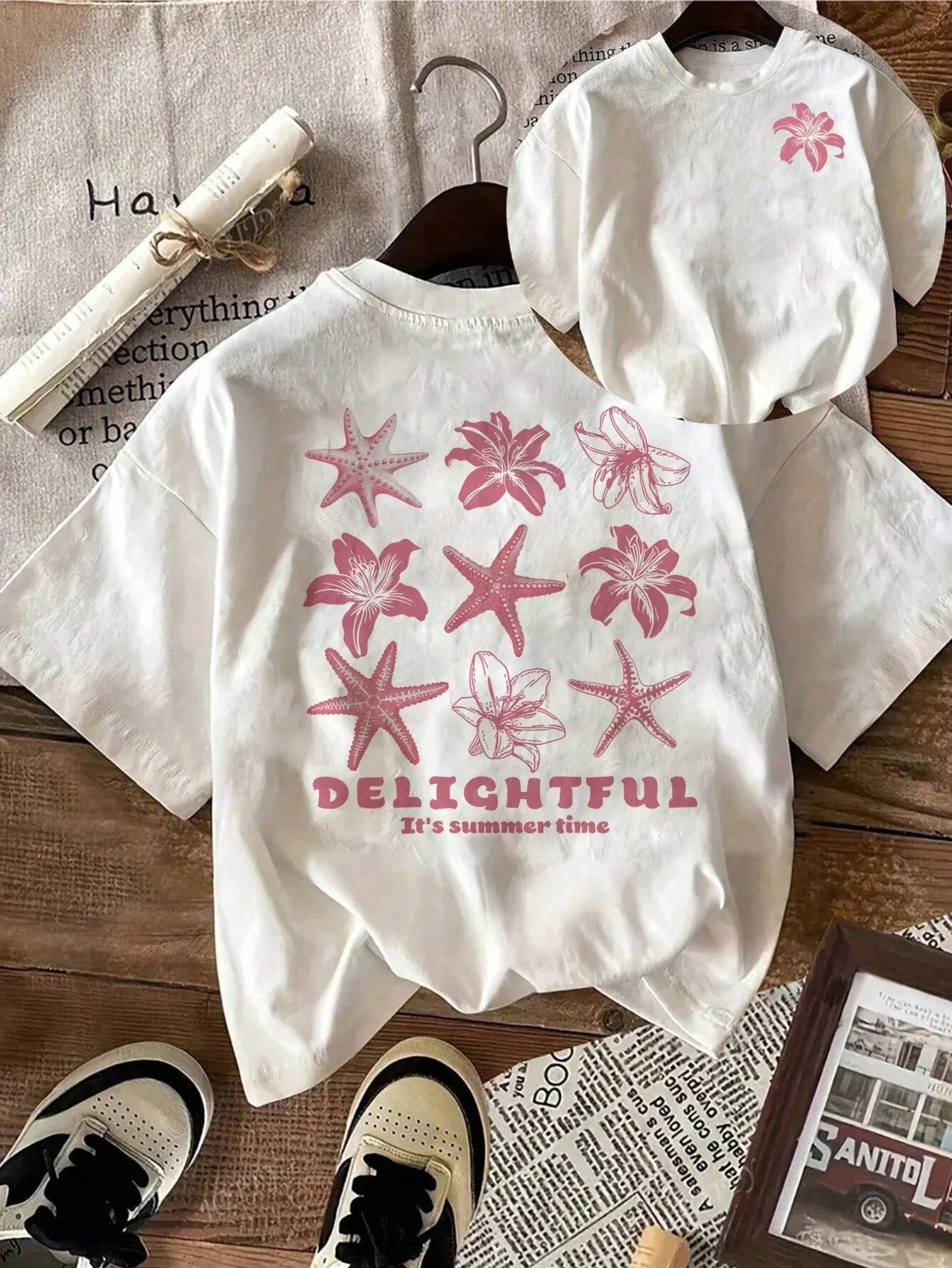 Y2K Floral & Starfish Print Tee – Women's Beach Casual Short Sleeve T-Shirt