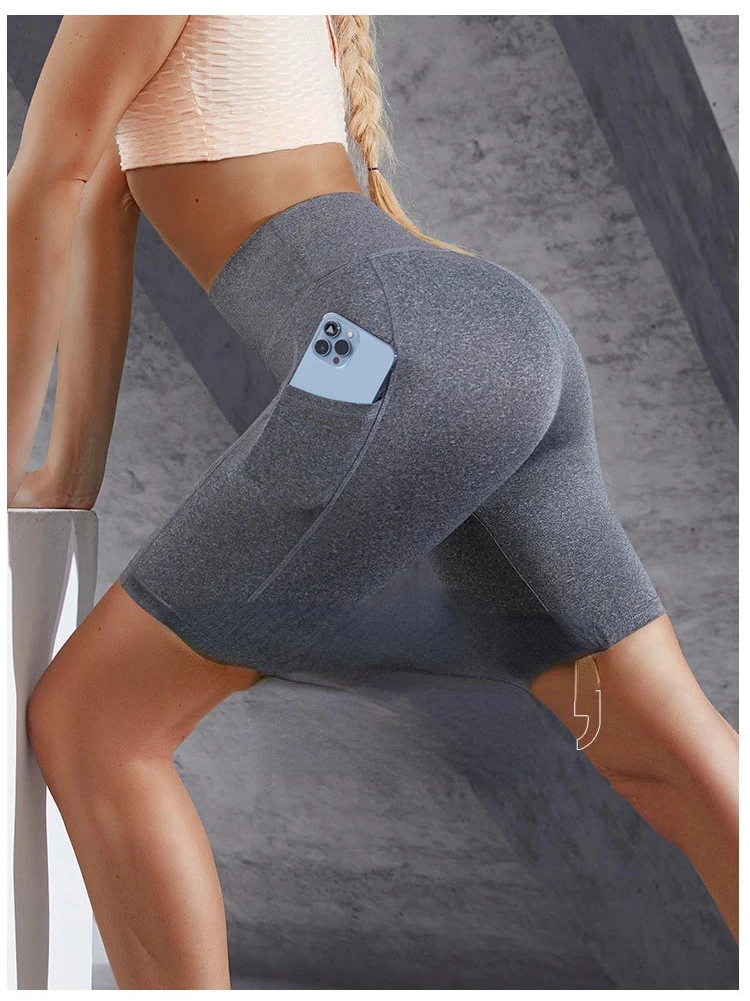 Women's High Waist Sports Shorts with Double Pockets – Slim Fit