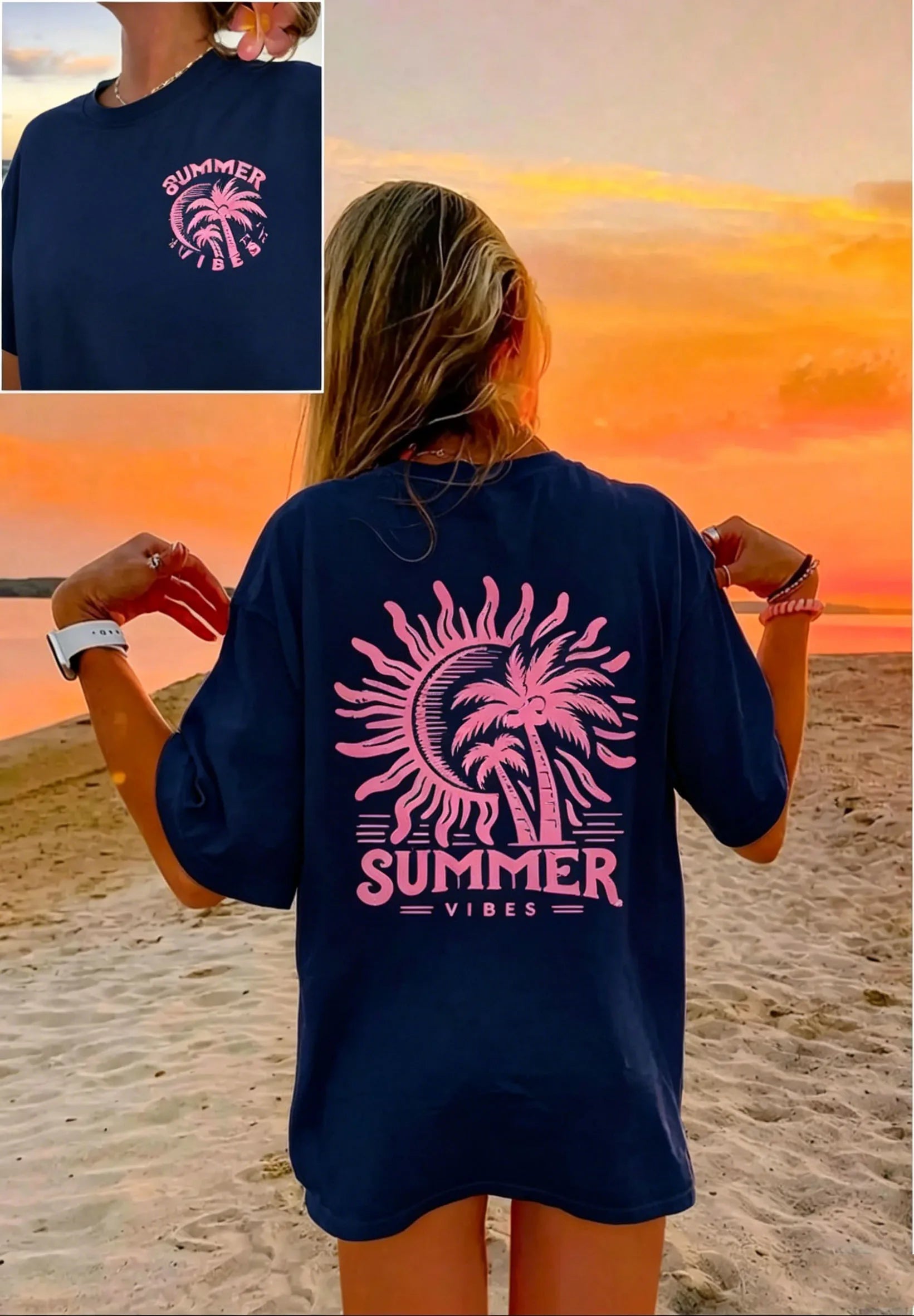 Women's Palm Tree & Sun Print T-Shirt – Casual Beach Vacation Tee