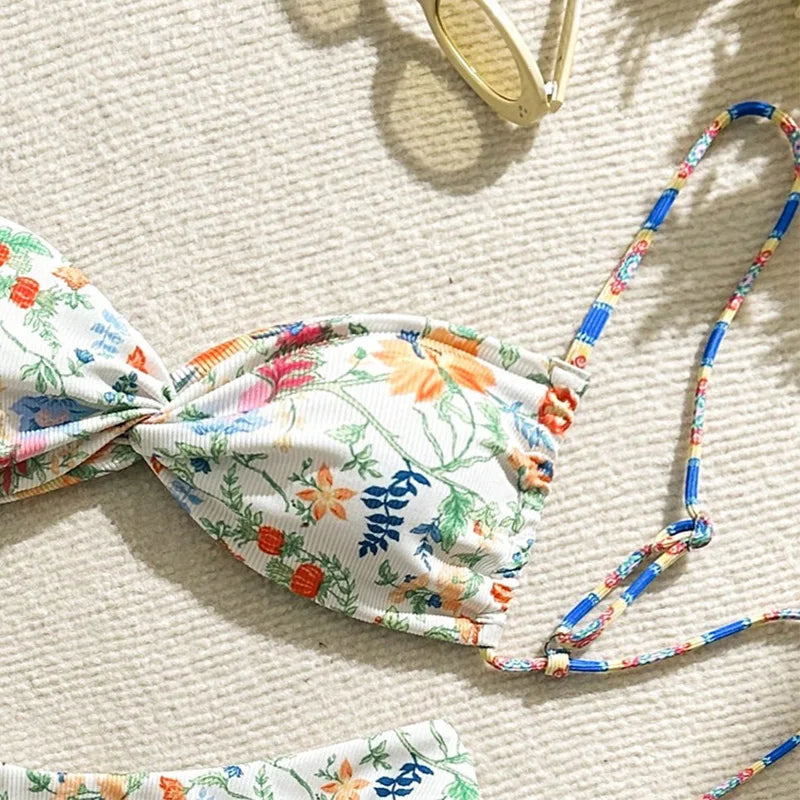 Women's Green Floral Bikini Set – Front Bow Push-Up Micro Swimsuit