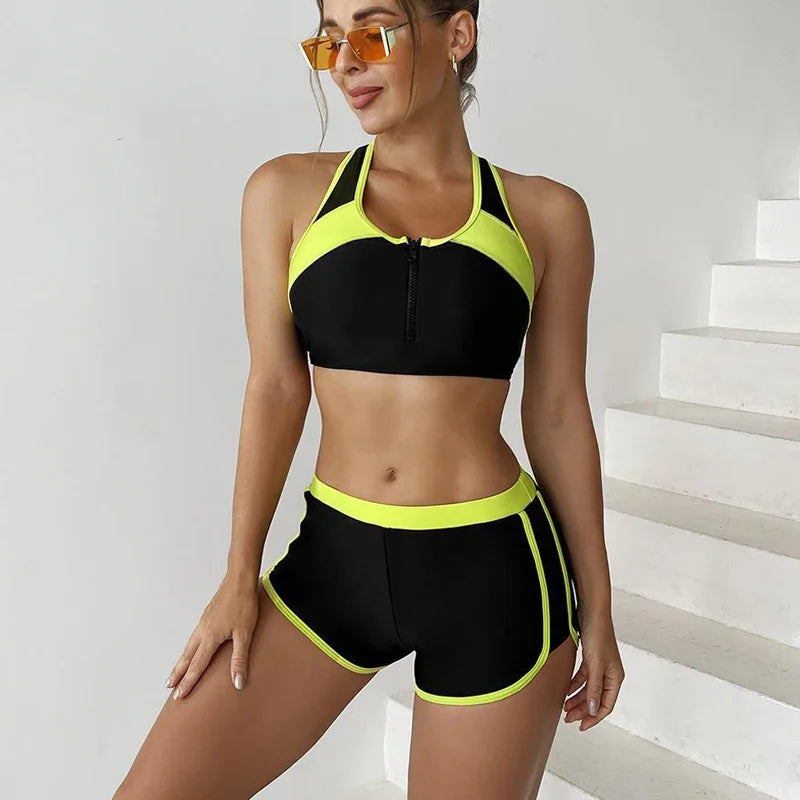 Women's Sporty Zipper Bikini Set – High-Waist Padded Two-Piece Swimsuit