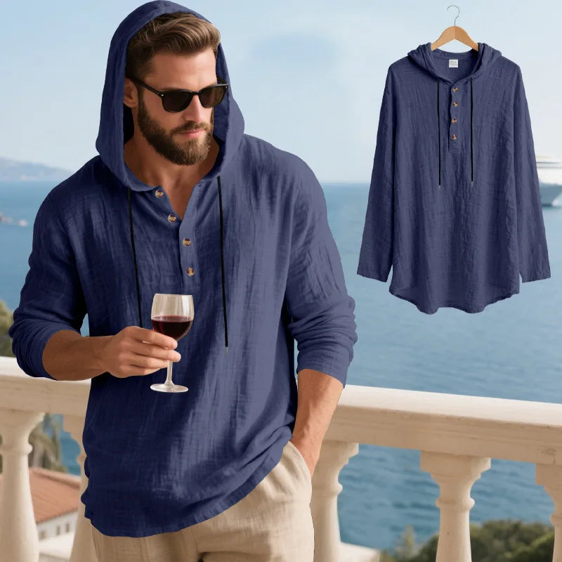 Men's Linen Blend Hooded Long Sleeve Shirt | Breathable Beach Casual Top